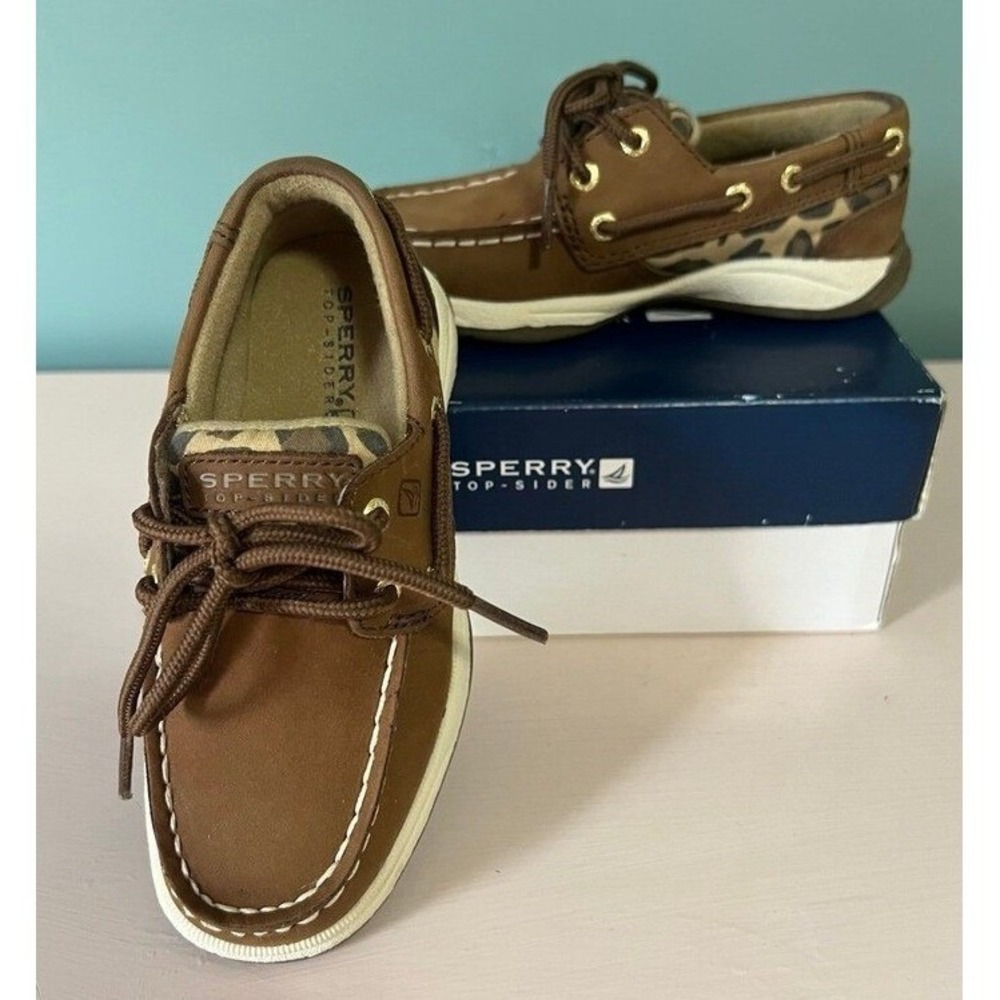 Sperry Top-Sider Girls Leopard Print Brown Boat Shoes Lace Up Comfort Size 9M